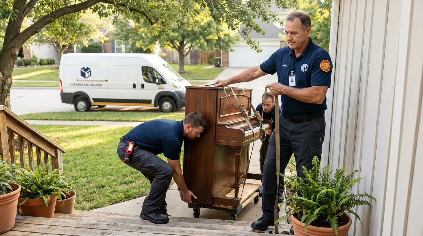 Licensed piano movers securing grand piano in Thornton, NH