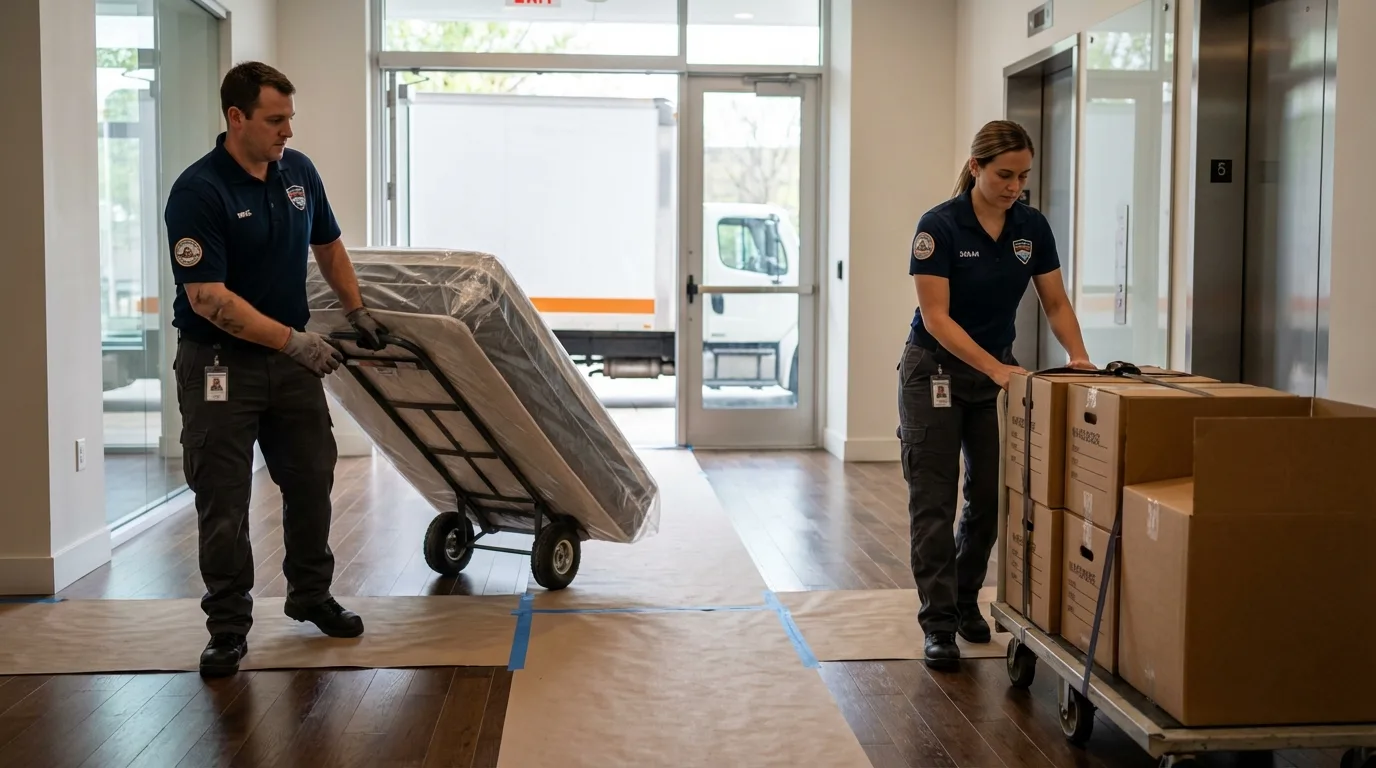 Professional apartment movers loading elevator in Thornton, NH