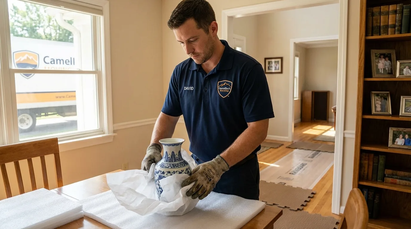 Professional crew carefully wrapping antique vase for senior downsizing move in Thornton, NH