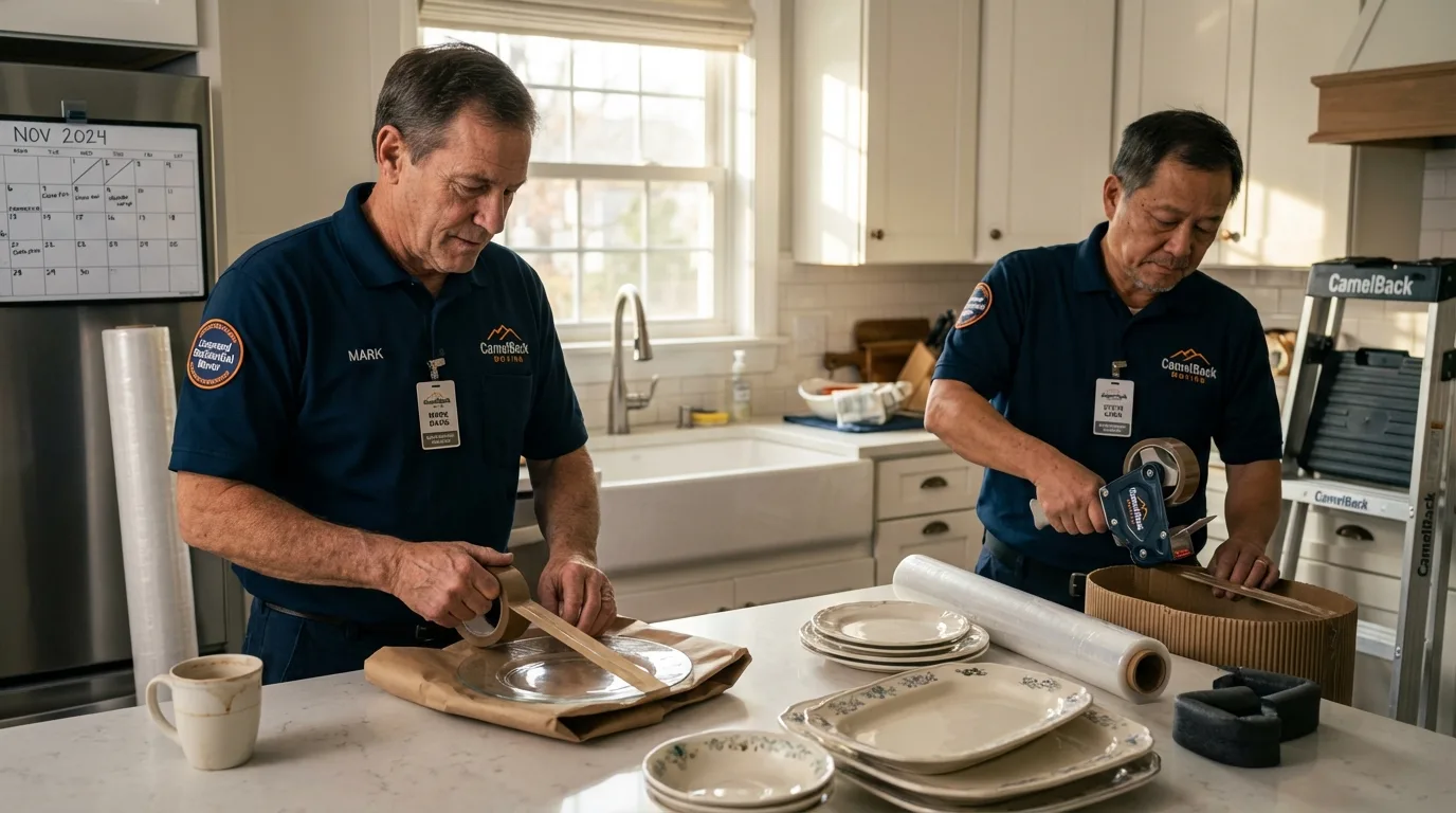 Professional crew packing kitchen dishware in Thornton, NH